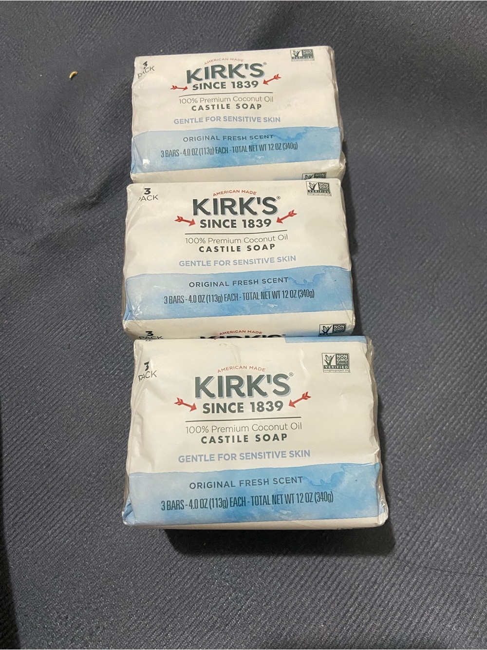 3 Pack Of 3 Bars 4oz Kirk'S Since 1839 Castile Soap Gentle For Sensitive Skin